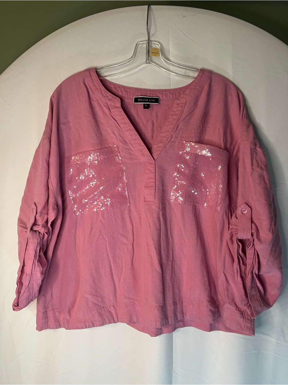 Pink Linen Sequin Pocket Top - Picture 3 of 5